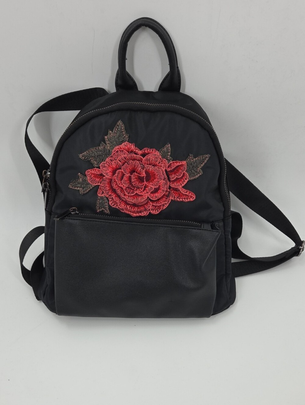 Black Women's Mini Backpack with Red Rose Embroidery